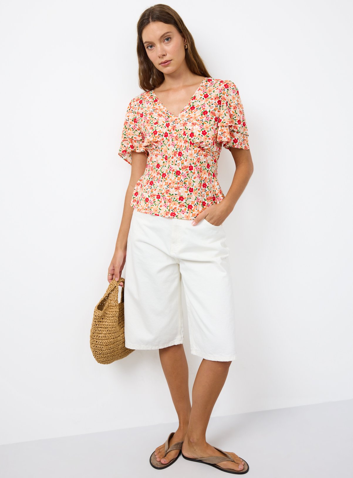 Orange Floral Printed Short Sleeve Tie Back Top 20 - Image 2 thumbnail
